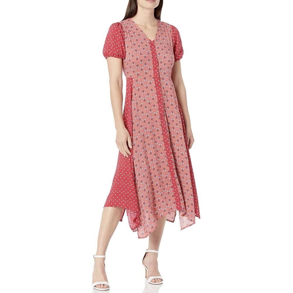 Sharagano Mixed Print Ditsy Floral Button Down Dress Size 16‎ Boho Asymmetrical
